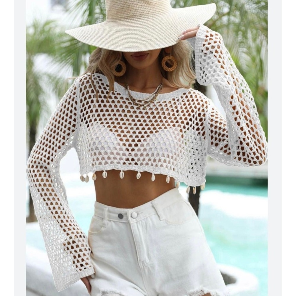 White Open Crochet Long Sleeve Cropped Beach Top Seashells Womens XL